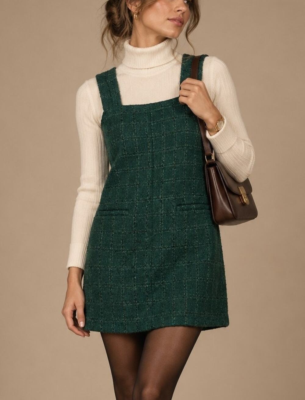 Abercrombie & Fitch Tweed Pinafore Mini Dress Size S Green Preppy Old Money Fall